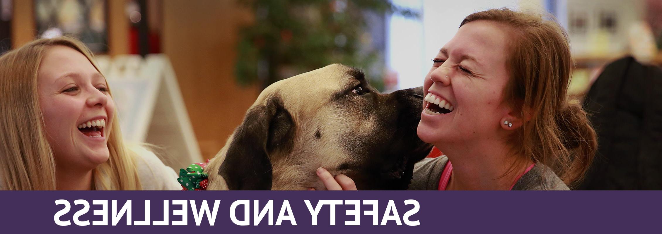 Safety and Wellness: Two students laughing as they pet a dog