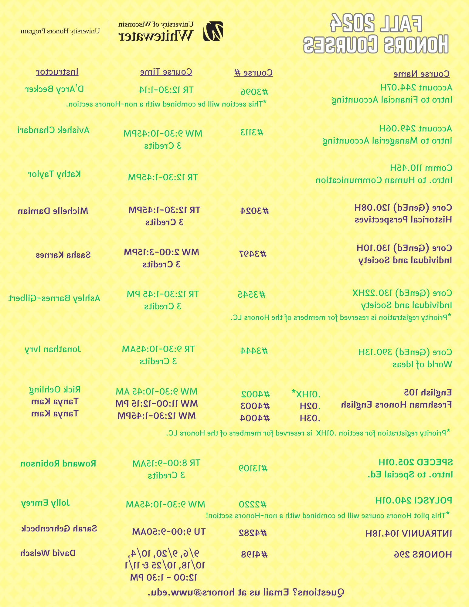 Fall 2024 Honors Courses Flyer