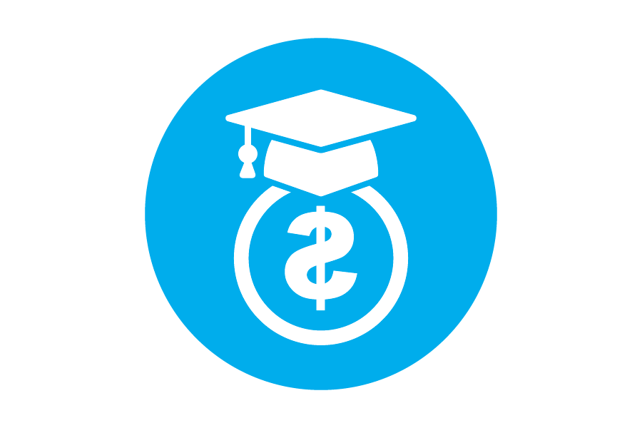 Icon of a graduation cap with a dollar sign.