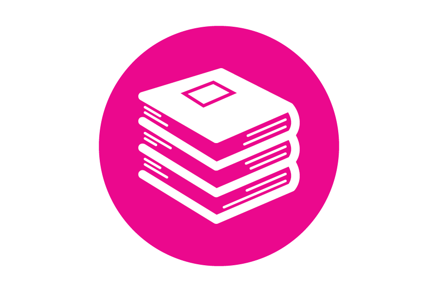 Circular pink icon with an image of a stack of books