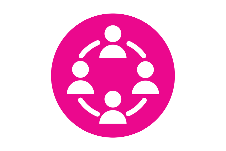  Four connected people on a pink background.