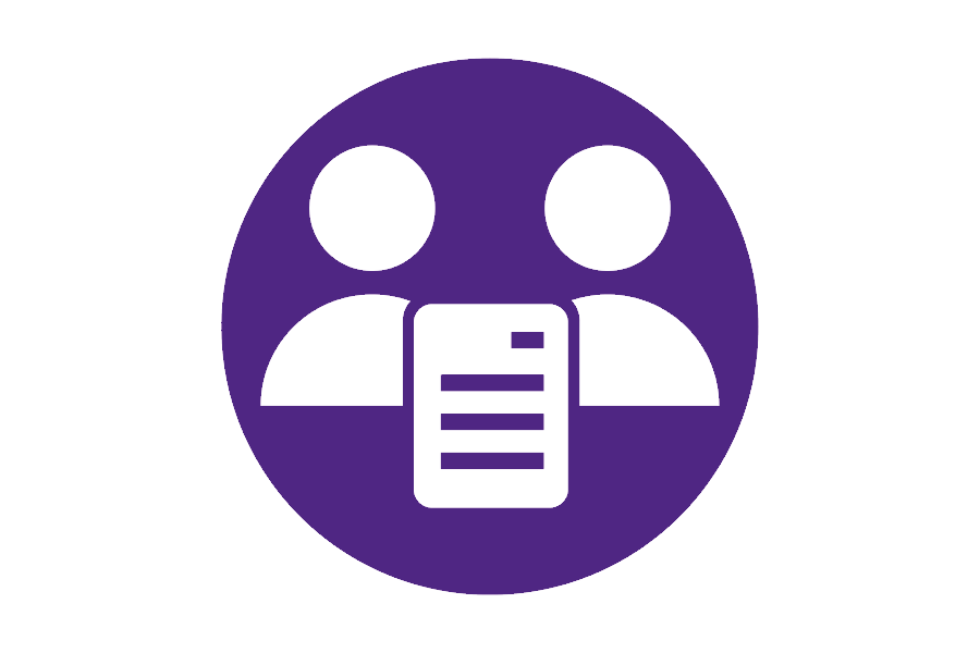 Purple icon of 2 people and paper